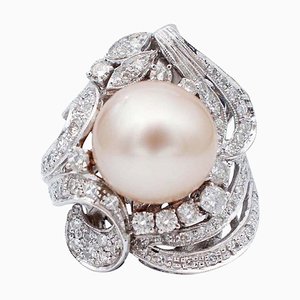 14K Ring aus Weißgold mit Perle und Diamanten