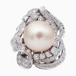 Anello in oro bianco 14K con perla e diamanti