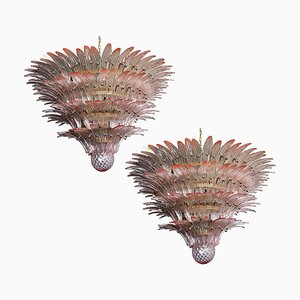 Pink Murano Glass Leaf Chandeliers, Set of 2