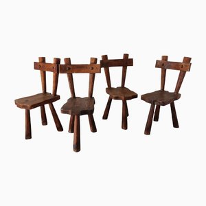 Vintage Brutalist Tripod Chairs in Solid Wood, 1950, Set of 4