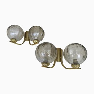 Brass & Glass Double Wall Lamps, 1970s, Set of 2