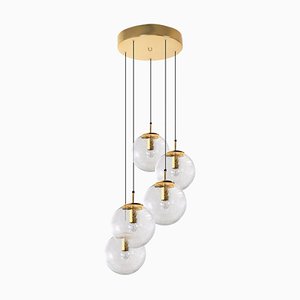 Brass Staircase Cascading Ceiling Lamp with Five Hand Blown Globes from Glashütte Limburg
