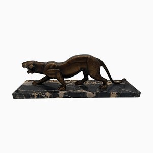 Art Deco Skulptur eines Panthers aus Bronze & Marmor von Irénée Rochard, Frankreich, 1930er