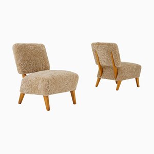 Mid-Century Scandinavian Easy Chairs in Sheepskin from Langlos Fabrikker, Set of 2