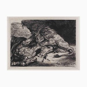 Eugène Delacroix, Lion dévorant un cheval, Litografia originale, 1844