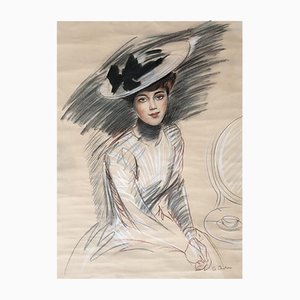 Edgar Chahine, Jeune élégante au chapeau, 1900, Chalk on Paper