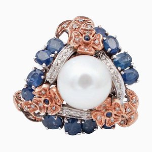 Bague en Or Rose et Blanc 14K avec Saphirs Bleus, Diamants et Perle