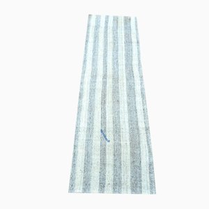 White and Gray Striped Kilim Runner Rug in Wool
