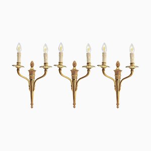 French Brass Two-Arms Sconces in Louis XVI Style, Set of 3