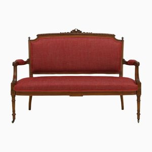 Louis XVI Style Sofa with Red Cover in Walnut, 1910s