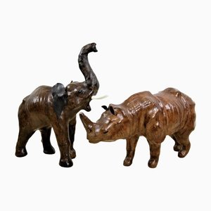 Vintage Rhinoceros and Elephant Figurines in Leather, Set of 2