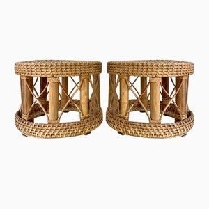 Mid-Century Bamboo and Rattan Mini Tabourets, Set of 2