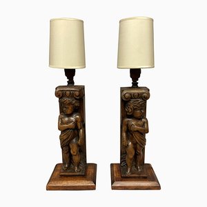 English Carved Walnut Table Lamps, Set of 2