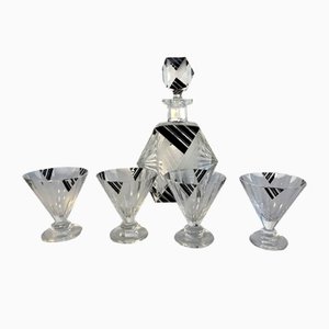 Art Deco French Black Sanded Crystal Glass Lot Painting Carafe and 4 Glasses, 1930s, Set of 5