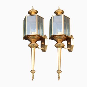 Large Italian Brass Wall Lanterns and Molated Windows, 1970s, Set of 2
