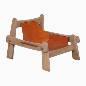 Mid-Century Brutalist Oak & Leather Lounge Chair