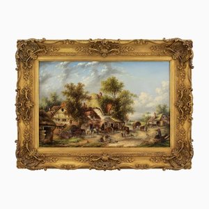 Edwin Masters, Village Scene with Cottages, 1877, Oil on Canvas, Framed