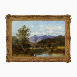 James Poole, Paesaggio fluviale con colline distanti, fine XIX secolo, olio su tela, con cornice