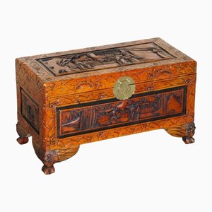 Antique Chinese Hand Carved Camphor Wood Travelling Trunk, 1900s