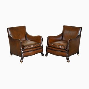 Antique Victorian Cigar Brown Leather Armchairs with Carved Legs, Set of 2