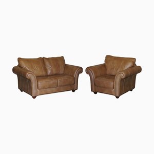 Contemporary Tan Brown Leather Two Seat Sofa & Matching Armchair, Set of 2
