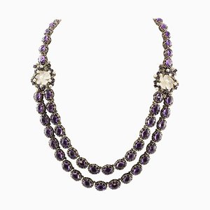 Halskette aus Roségold und Silber mit Diamanten, Amethysten, Bergkristallblumen und kleinen Perlen