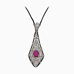 Drawstring Gold Necklace with Diamond and Ruby