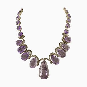 Rose Gold and Silver Drop Necklace with Amethyst and Diamonds