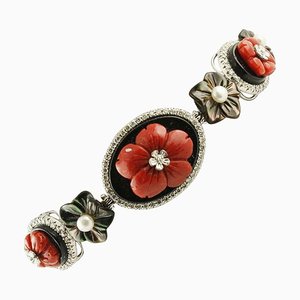 White Gold Bracelet with Little Diamonds Onyx Stones Red Corals and Little Pearls