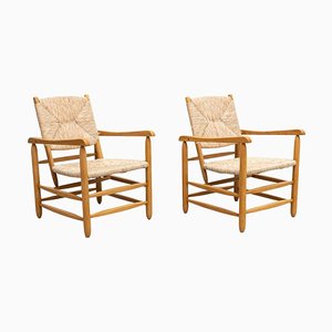 Sessel aus Holz und Schilfrohr im Stil von Charlotte Perriand, 2er Set