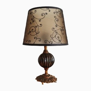 Small Art Nouveau Black and Gold Porcelain and Brass Shaded Bedside Table Lamp, 1950s