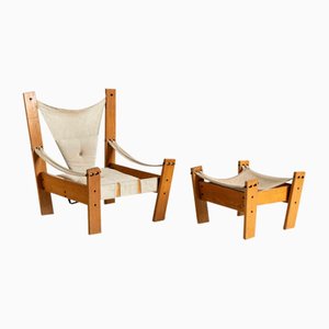 Set of Netherland Easy Chair in Pinewood & Canvas with Stool by John De Haard for Gebroeders Jonkers Noordwolde