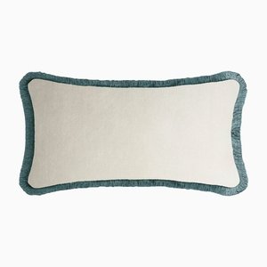 White Velvet with Teal Fringes Rectangle Happy Pillow from Lo Decor