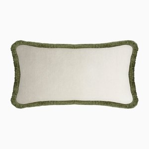 White Velvet with Green Fringes Rectangle Happy Pillow from Lo Decor