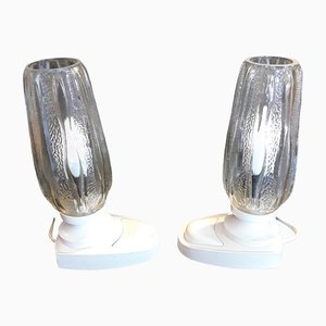 Lampes de Chevet Vintage en Plastique Blanc avec Écran en Verre Relief Transparent, 1980s, Set de 2