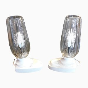 Vintage White Plastic Bedside Lamps with Clear Relief Glass Screen, 1980s, Set of 2