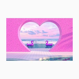 mim.girl, Escena de playa de verano abstracto con flamenco rosa en el fondo de la piscina, Papel fotográfico