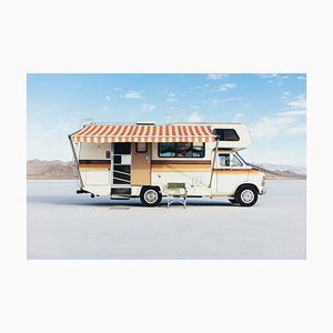 Mint Images, Vintage Dodge Sportsman Rv With Striped Canopy Parked on Salt Flats, Photographic Paper