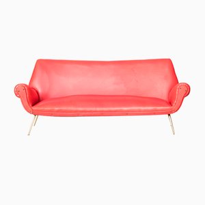 Mid-Century Red & Brass 3-Seat Sofa