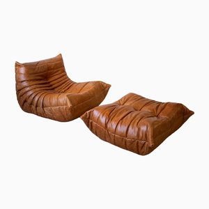 Vintage Pine Leather Togo Lounge Chair & Pouf by Michel Ducaroy for Ligne Roset, 1973, Set of 2