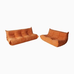 Mid-Century Orange Microfiber Togo 2-Seat & 3-Seat Sofa Set by Michel Ducaroy for Ligne Roset, 1970s, Set of 2