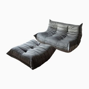 Puf Togo de terciopelo gris y sofá de dos plazas de Michel Ducaroy para Ligne Roset. Juego de 2