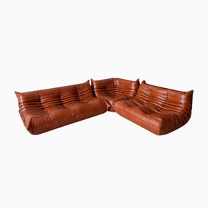 Sofá de dos plazas, sillón y sillón Togo de cuero marrón whisky de Michel Ducaroy para Ligne Roset, años 70. Juego de 3