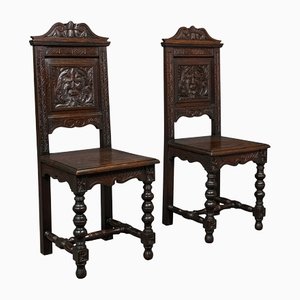 Antique English Gothic Revival Carved Oak Hall Chairs, Set of 2