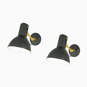 Verstellbare Mid-Century Wandlampen aus schwarz lackiertem Aluminium und Messing, 2er Set