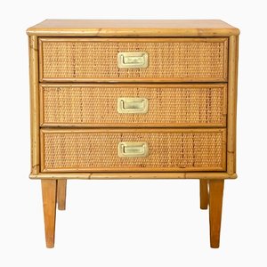 Wood and Wicker Bedside Chest of Drawers, 1970s