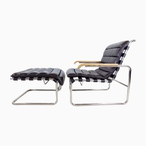 Bauhaus Leather Chair & Ottoman in the Style of Marcel Breuer, Set of 2