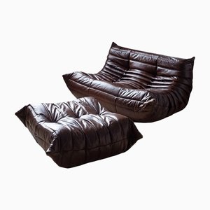 Togo Sofa and Pouf Set in Brown Leather by Michel Ducaroy for Ligne Roset, 1970s, Set of 2