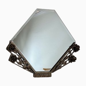 French Art Deco Mirror in Wrought Iron with Hand-Forged Roses and Facet-Cut Glass