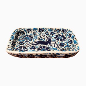 Cenicero Nassos griego vintage de cerámica azul con ciervos y adorno floral de Rodos Ceramics